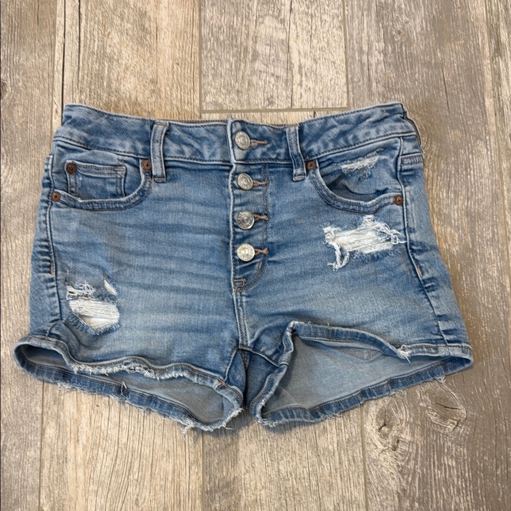 American Eagle Outfitters Women's Light Blue Distressed Jean Shorts